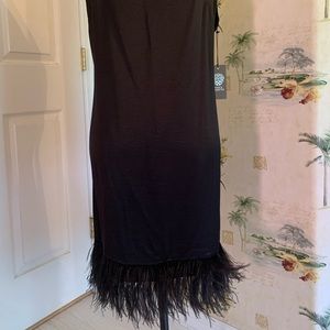 Dress, NWT, black cocktail dress with feather hem
